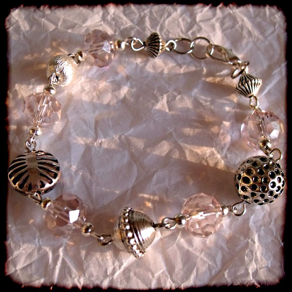 Light Pink Faceted Crystal & Silver Bead Bracelet - Click Image to Close
