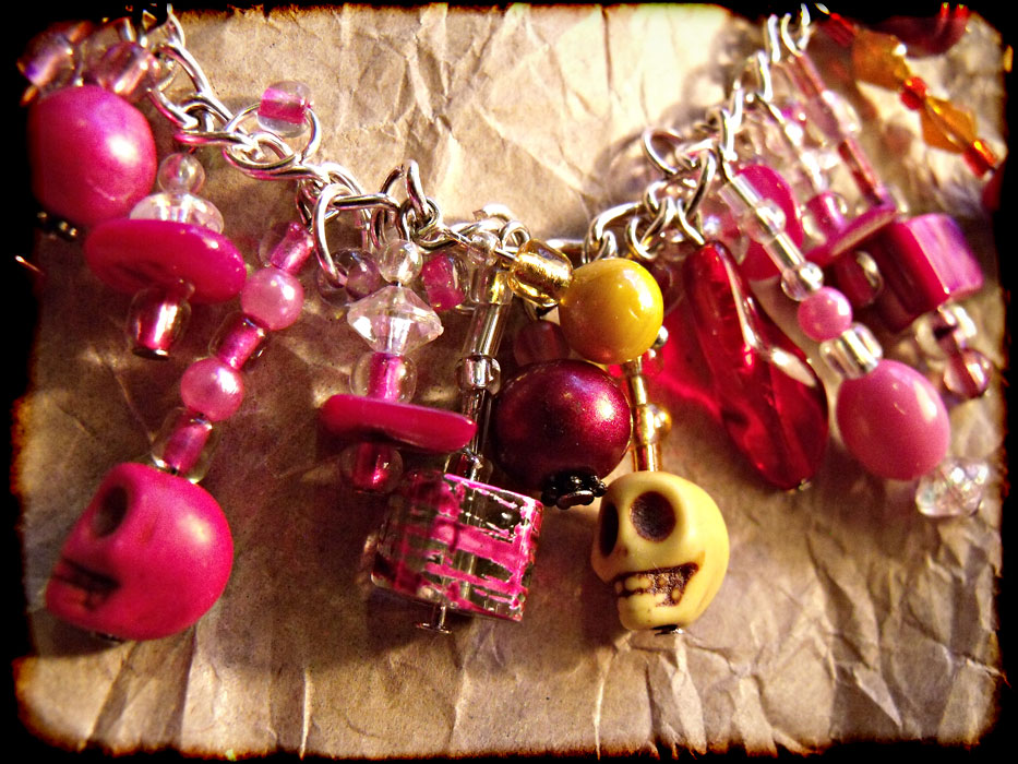 Pink, Orange & Yellow Beaded Charm Bracelet - Click Image to Close