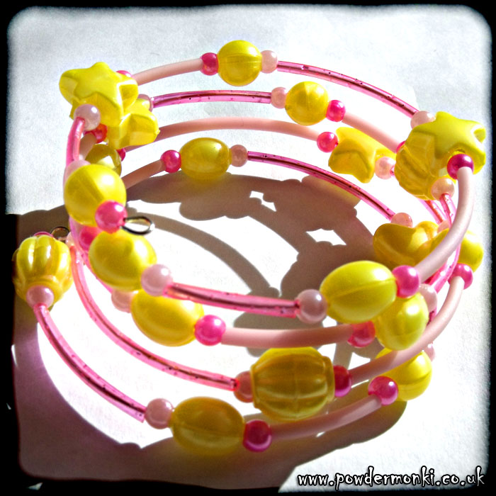 Yellow Bead & Pink Rubber Tube Memory Wire Bracelet