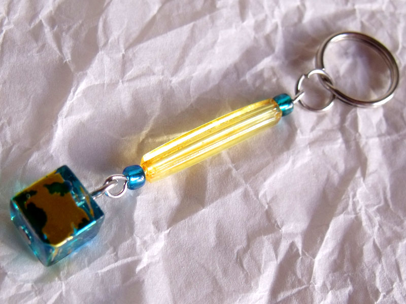 Blue Yellow Tube & Glass Cube Key Charm/Mini Bag Charm - Click Image to Close