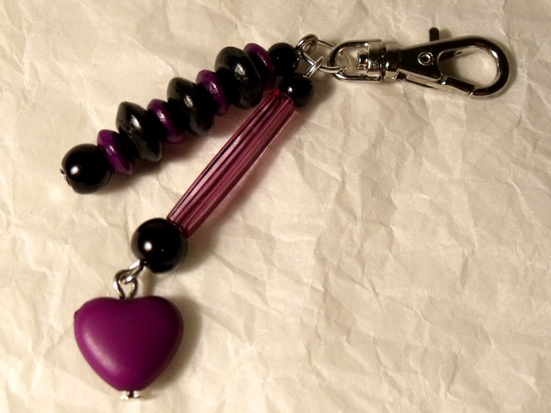 Purple Heart, Tube & Wooden Beads Key/Mini Bag Charm