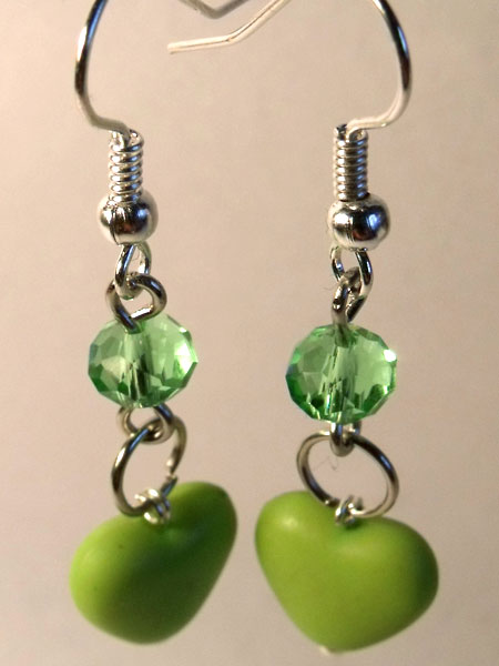 Green Hearts & Crystal Earrings - Click Image to Close
