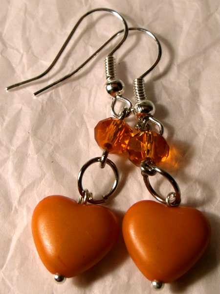 Orange Hearts & Crystal Earrings - Click Image to Close