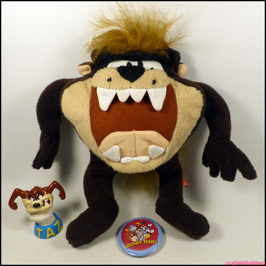 OONEY TOONS Vintage TAZ Topper PLUSH Tasmanian Devil + 45mm BADGE (1999)