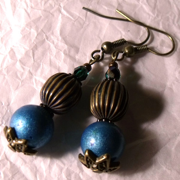 Blue & Antique Bronze Earrings - Click Image to Close