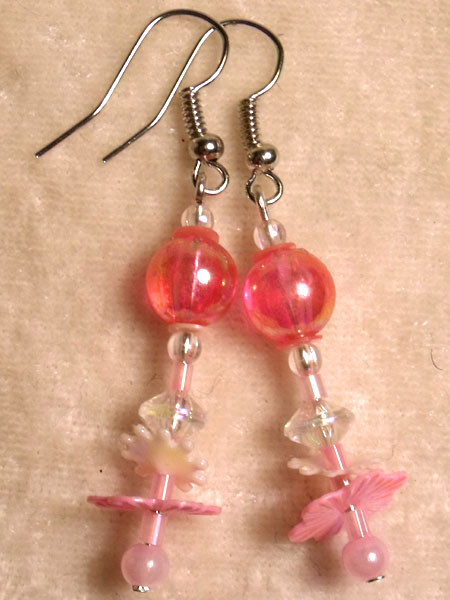 Light Pink Beads & Flower Sequin Earrings - Click Image to Close