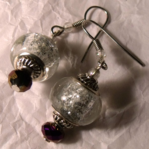 Silver Glitter Glass Lampwork Earrings - Click Image to Close