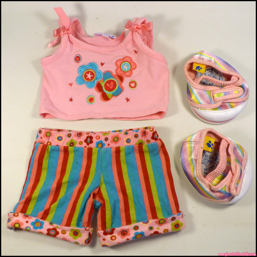 BUILD-A-BEAR Clothes Floral TOP Striped SHORTS Rainbow SHOES Pink